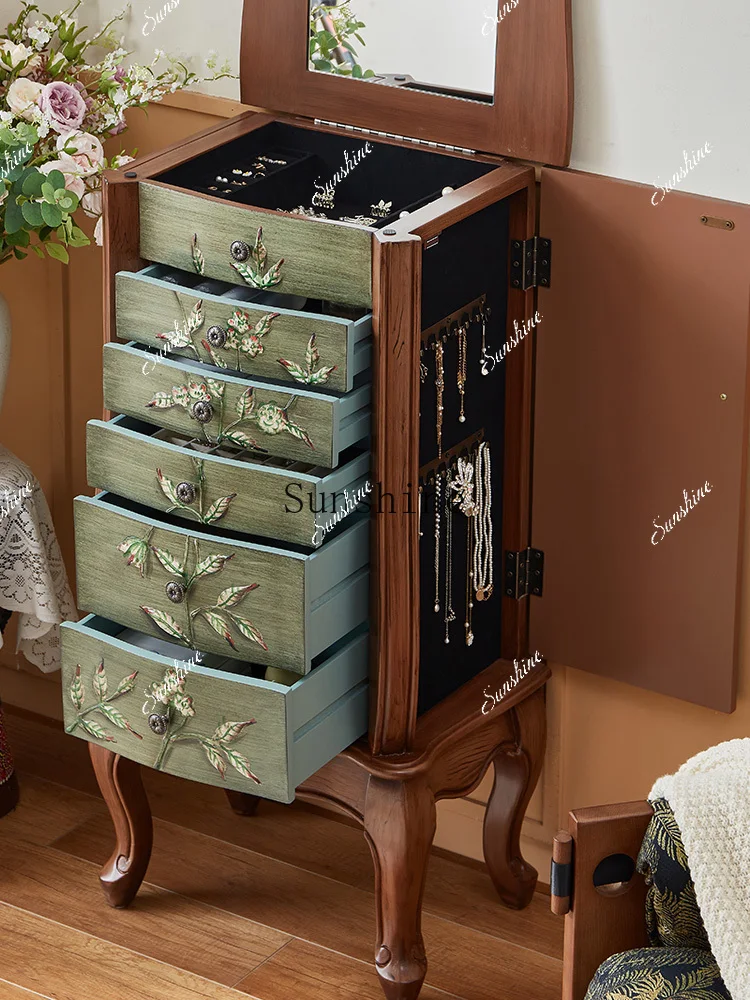 Dark green American retro jewelry cabinet hand painted flower branches and leaves storage retro round handle home decoration  FT