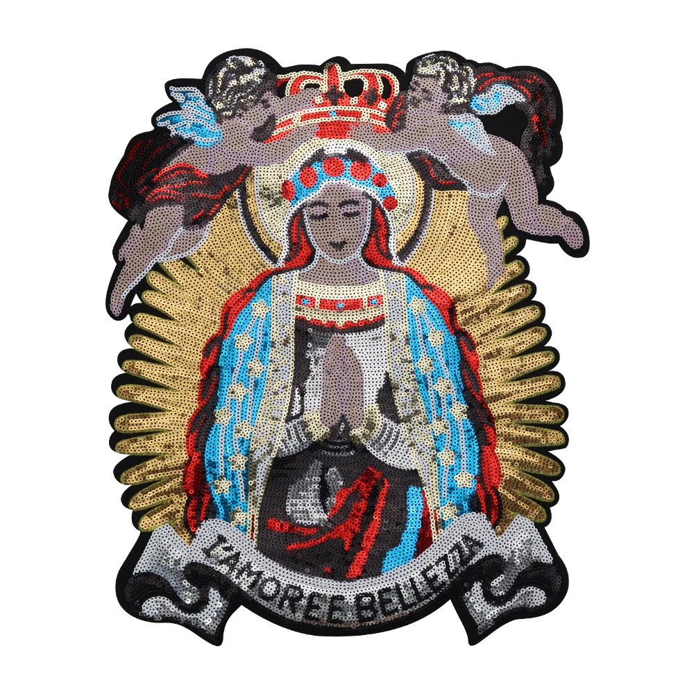 Large Sequin Fairy Virgin Mary Baby Angel Patches Embroidery Applique Brand Fashion Show Back Patches Jacket