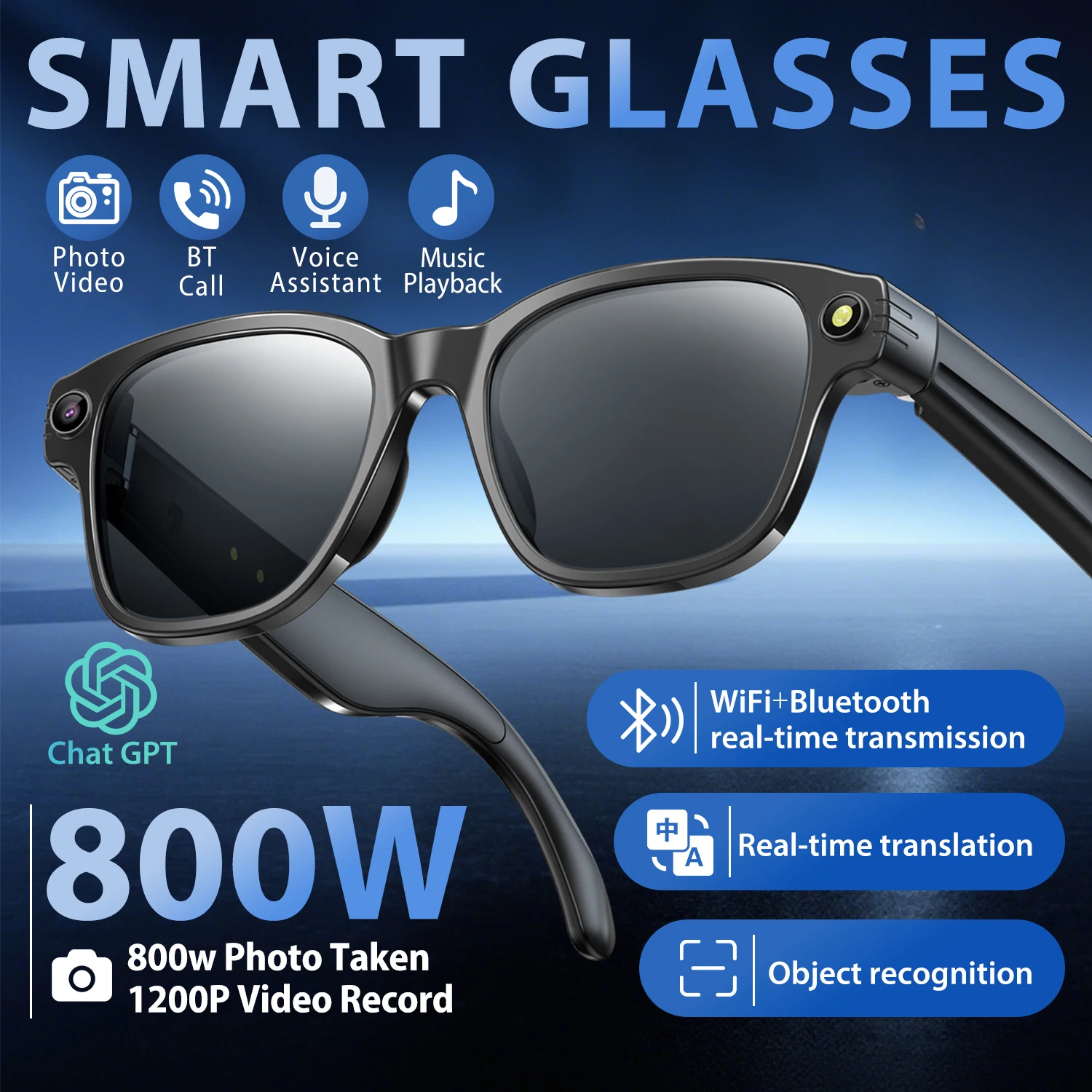 

Умные очки с камерой 800W для мужчин и женщин, Bluetooth-вызовы, умный перевод, запись фото и видео, водонепроницаемые умные солнцезащитные очки
