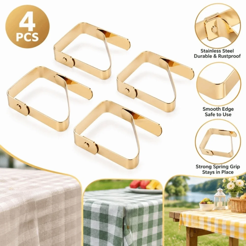 4 PCS Stainless Steel Tablecloth Clips Gold Easy to Use Table Cover Holders Thickened Design Convenient Tablecloth Clips Holders