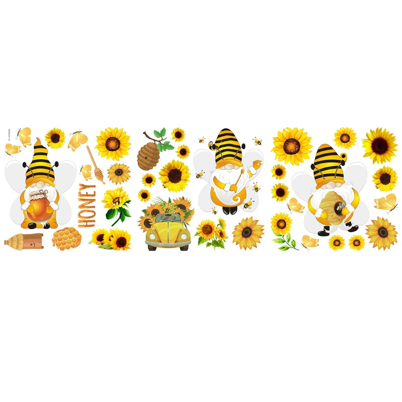 Bijen Vliegend Raam Glas Statische Muursticker Cartoon Gezichtsloze Dwerg Festival Zonnebloem Muurstickers
