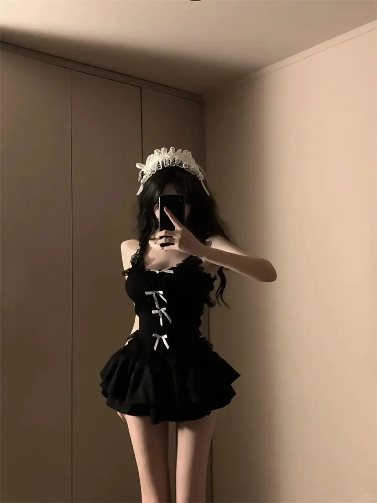 

Spicy Girl Sexy Black Bow Tight Strap Tank Top Summer New Chic High Waist Slimming Mini Skirt Set Two Piece Set Women Outfits