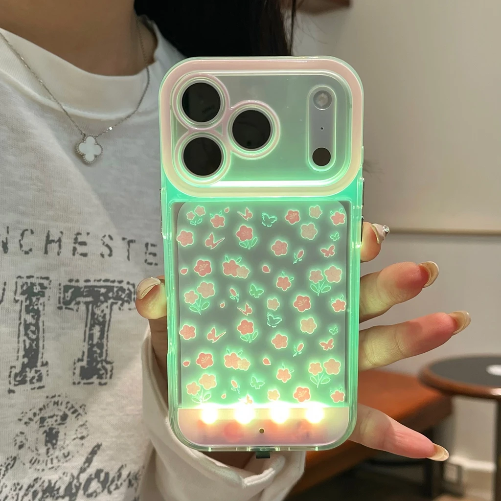 

5 Color Change Luminous Call Light Up Flash Gentle Pink Butterfly Flower Phone Cover Case for iPhone 17 16 15 14 13 Pro Max Plus