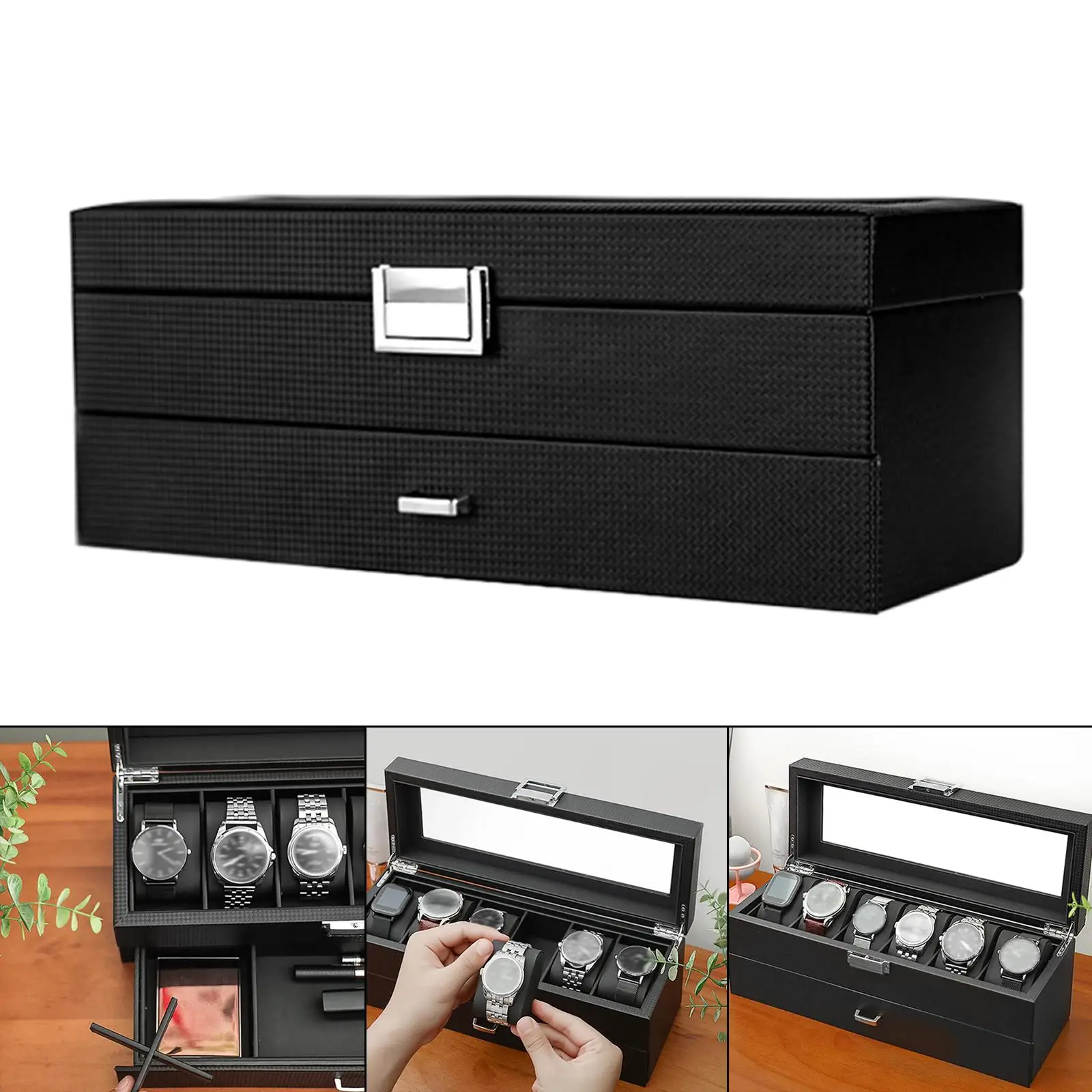 2 Tier Metal Hinge Glass Lid PU Leather 6 Slot Holder Jewelry Display Display Storage Case for Storage and Display