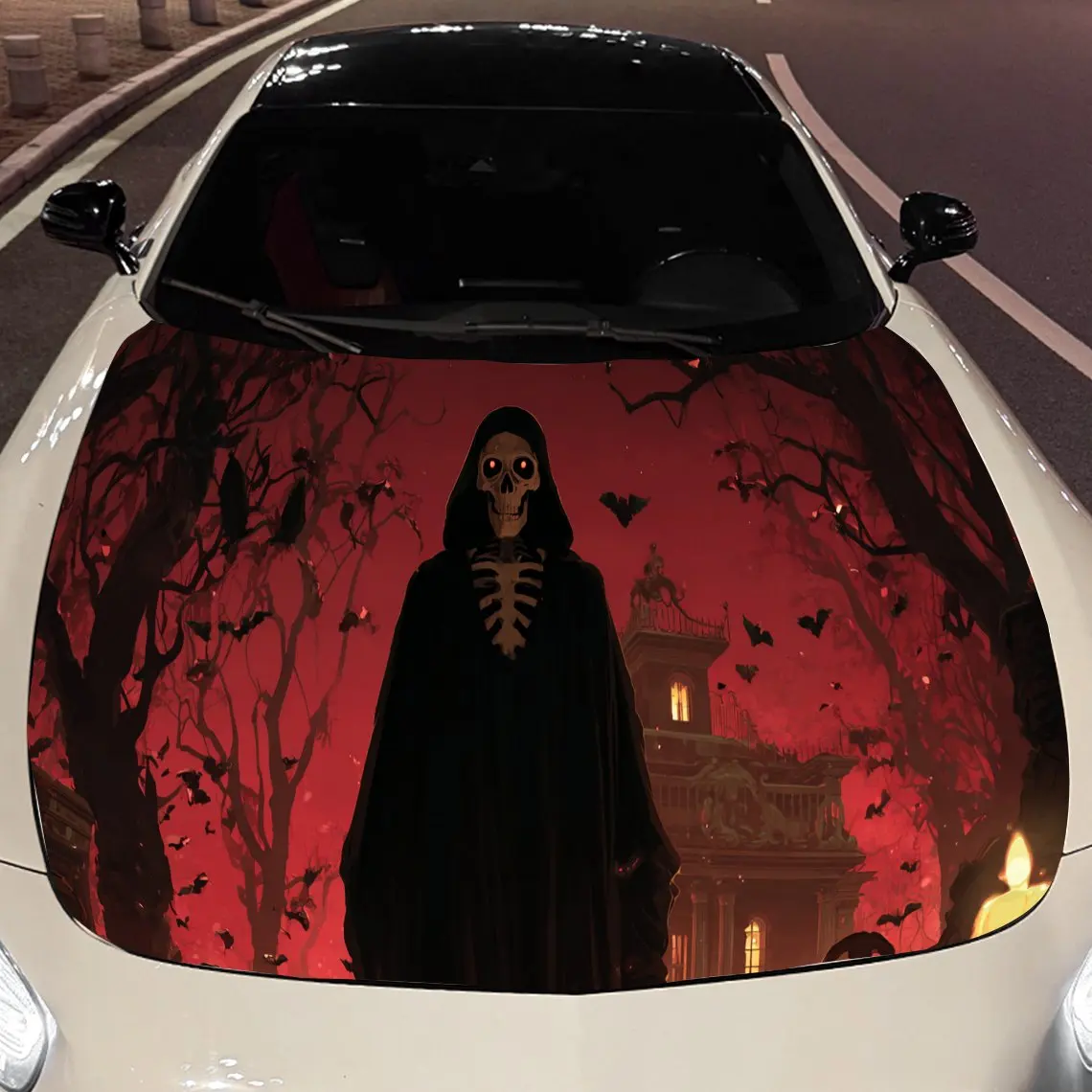 

Готическая Хэллоуин Grim Reaper и дом с привидениями, наклейка на капот двигателя автомобиля, авто виниловые обертывания, водонепроницаемая самоклеящаяся наклейка на автомобиль,