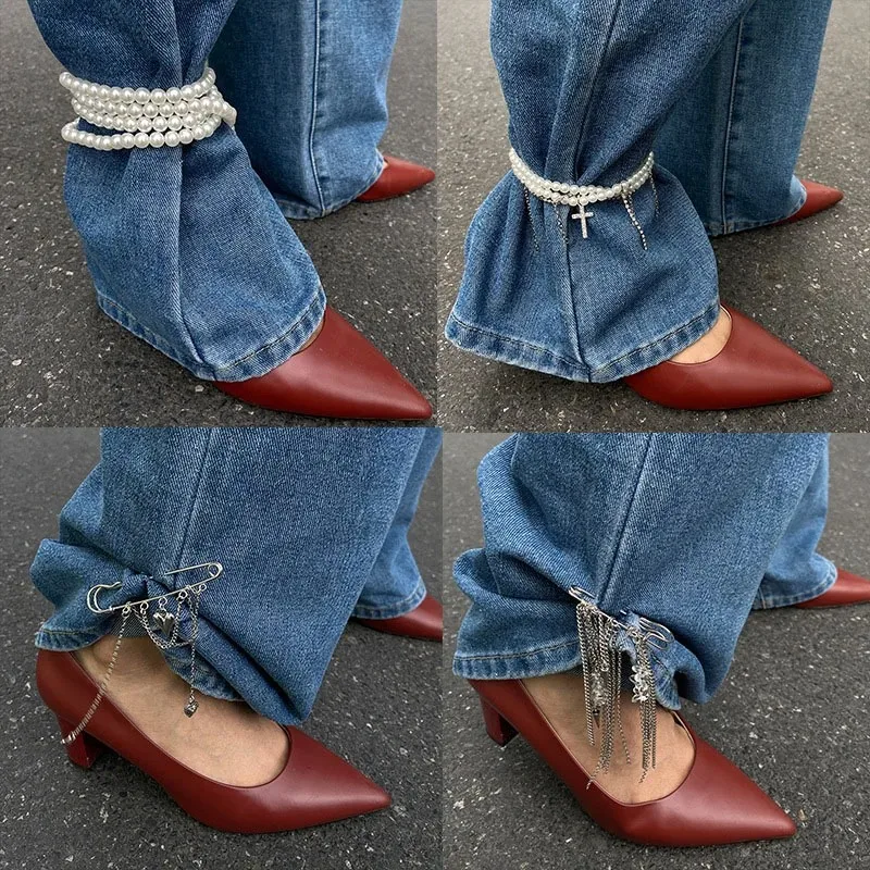 Fashion Heart Pearl Bow Brooch Detachable Tassel Fixed Clothes Pin Waist Buckle Button Clasps Trouser Leg Decorative Pins
