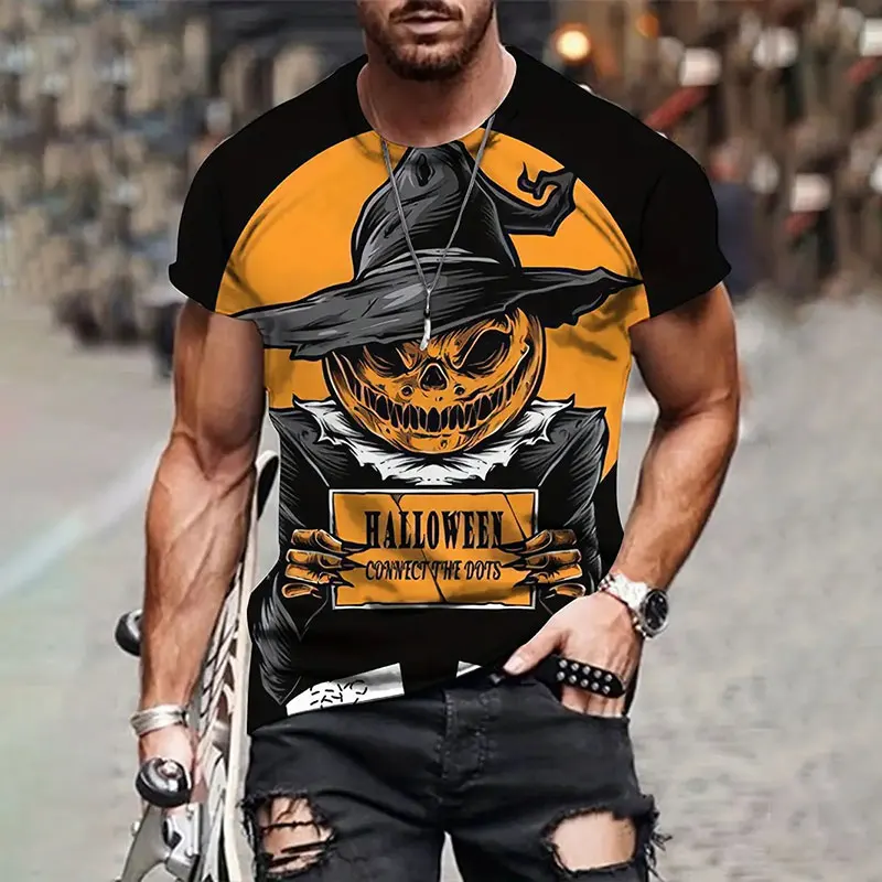 

2024 New Men's Short Sleeve Classic Horror Funny Pumpkin Shape Pattern Round Neck T-Shirt Personalized Halloween Costume