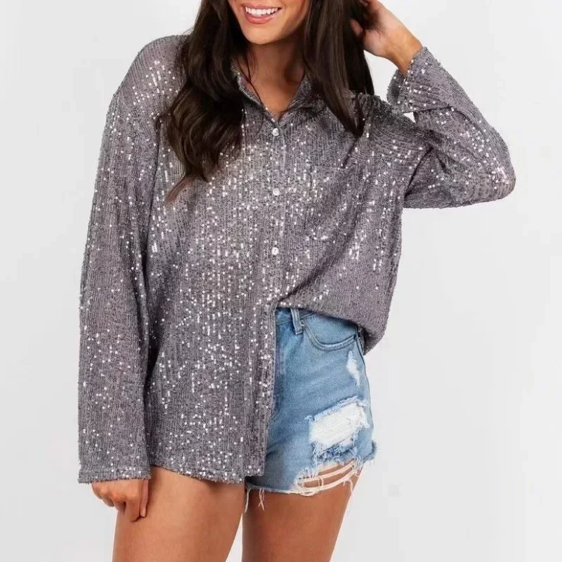 Fashion Sexy Sequin Shirt Women Casual Loose Long Sleeve Lapel Vintage Blouse Women Clothing Temperament Ladies Top Blusas