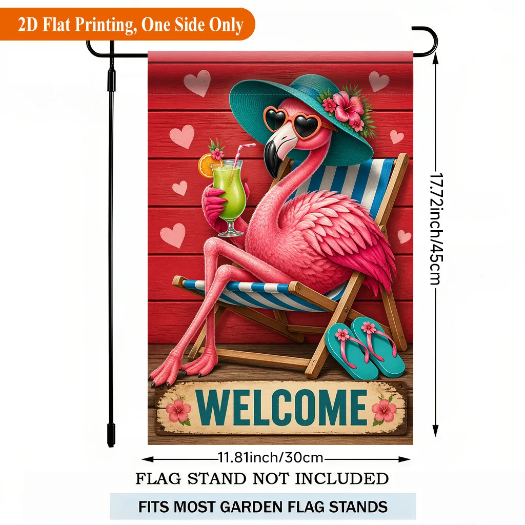 2D Flat - 2D Flat - 2D Flat Printing Garden Flag 1pc, Welcome Flamingo Relaxing Single Sided Polyester Garden Flag, Holiday Yard  Festival Yard Outside Decorative Flags