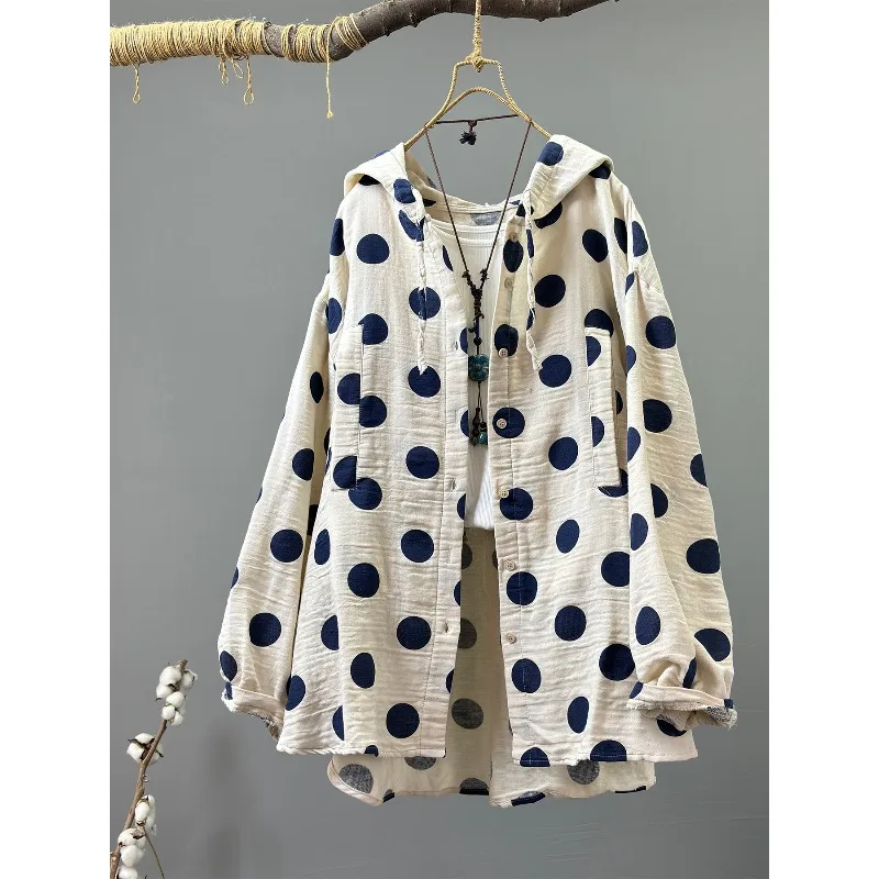 

Женская хлопковая рубашка-кардиган SuperAen свободного кроя с капюшоном, в горошек, с длинными рукавами, новинка 2026 года