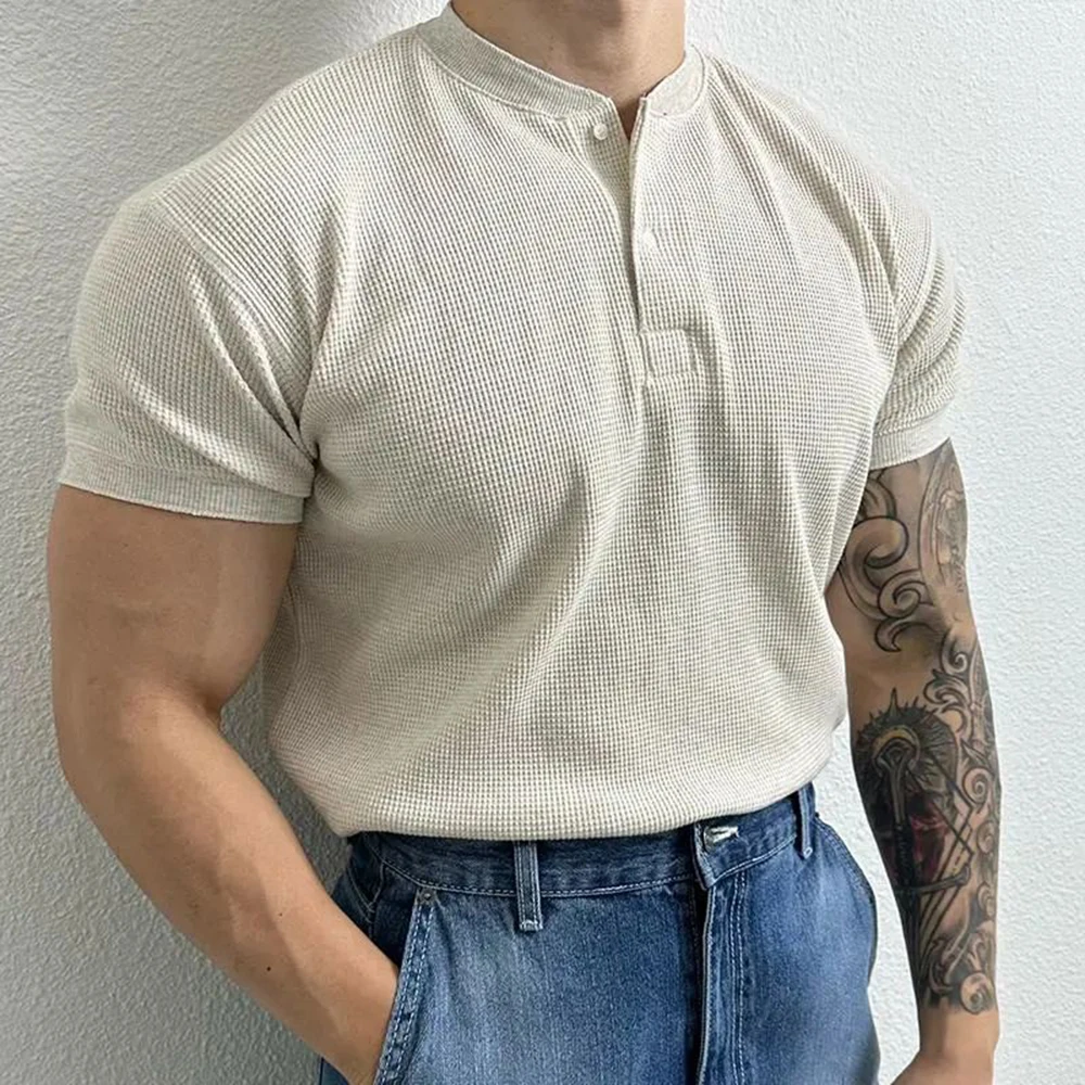 Large Size Casual Short Sleeve T-shirt Men\'s Loose Tops Harajuku Summer New High Quality Waffle Henley Collar Skinny Pullover