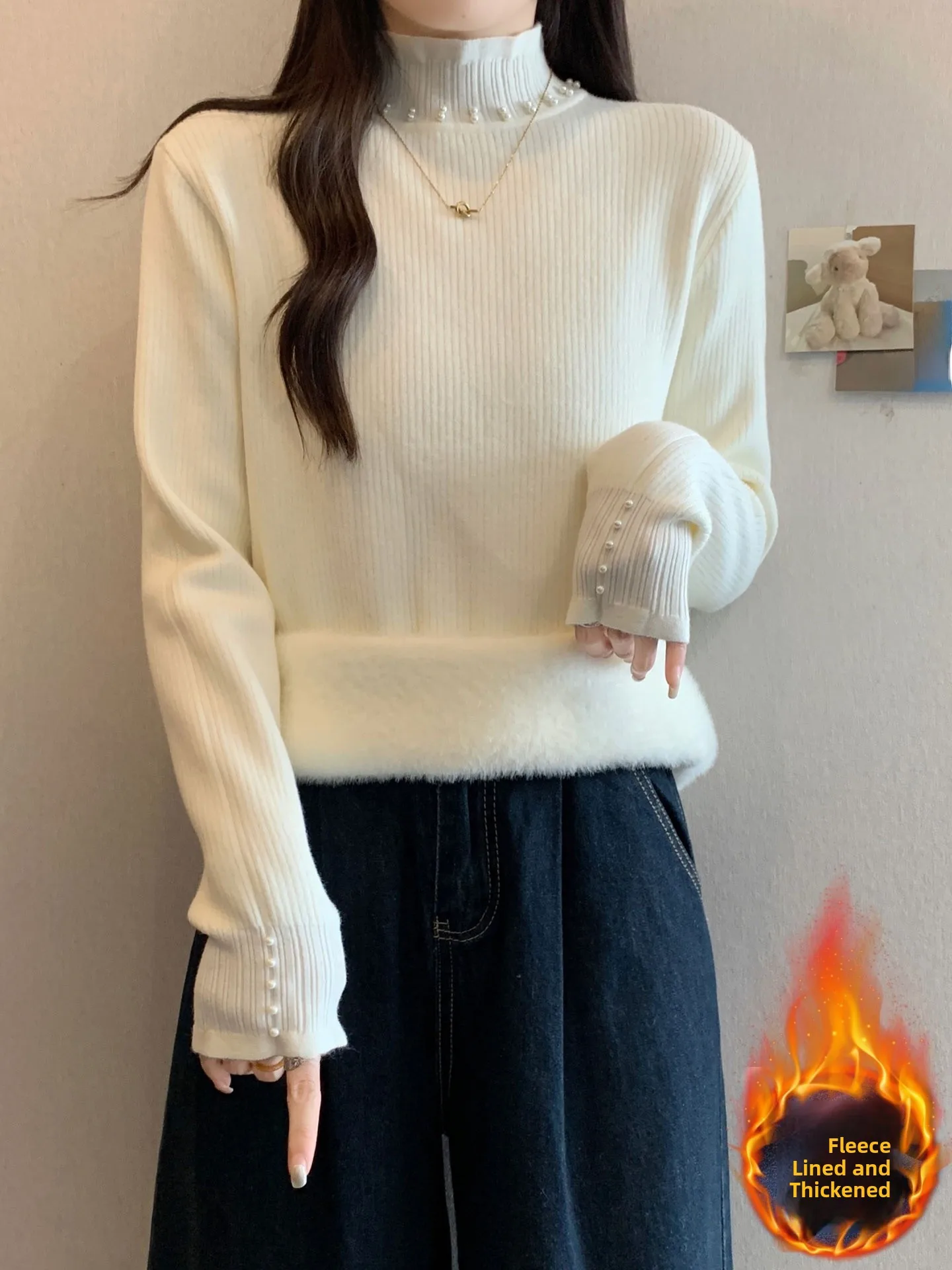 

Women's Knitted Long Sleeve Fleece Lined Base Shirt Sweater Heavy Embroidery Large Size Casual Style Autumn Winter Top