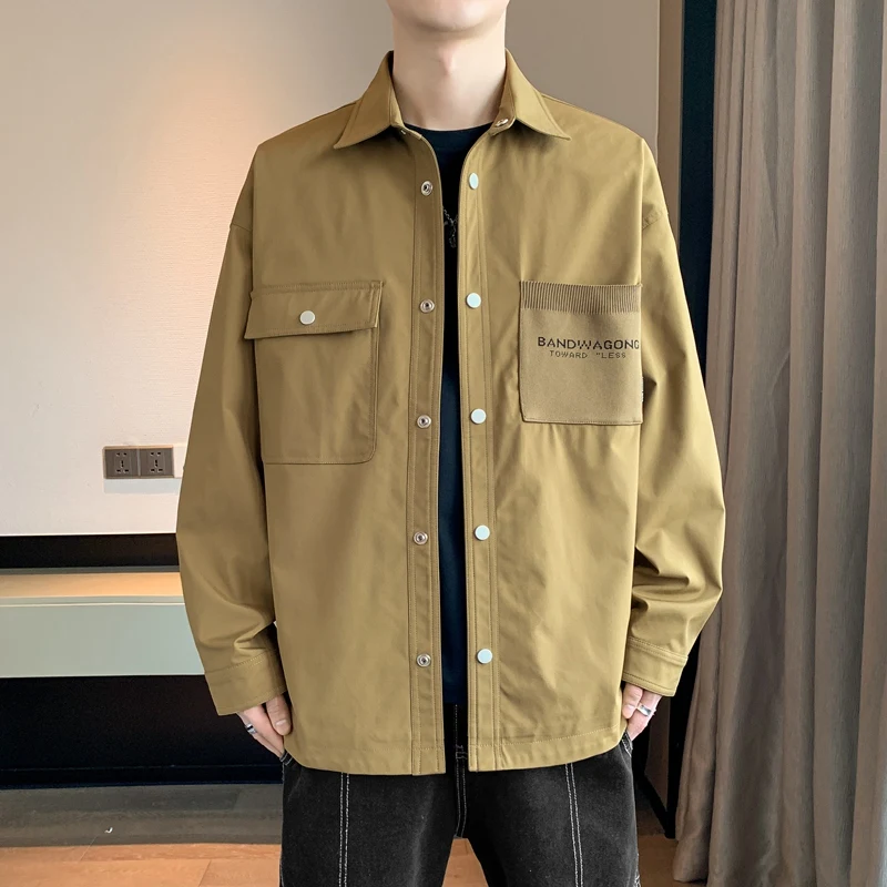 

Свободная мужская рабочая одежда Long Sve irt, повседневная модная верхняя одежда с воротником, полиэфирное волокно, повседневная одежда, кардиган стандартного кроя