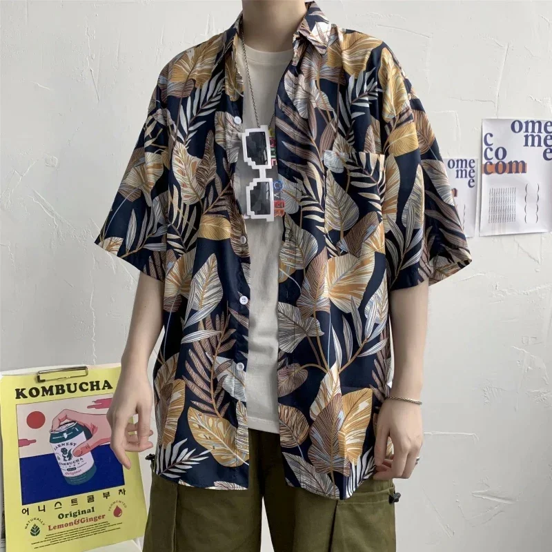 Yellow Hawaiian Blouse Shirt Men's Short Sleeve Loose Beach Shirt Men's Cool Coat