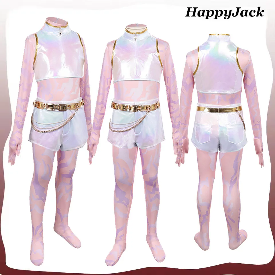 

2025 Demon Cartoon Hunter Rumi Косплей Фэнтезийные сценические костюмы для девочек Комбинезон с принтом татуировки Маскировка для вечеринки на Хэллоуин от 6 до 14 лет