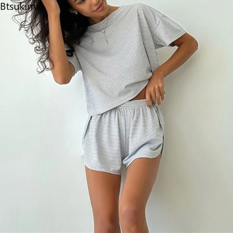 Women's Stripe Pajamas Set Short Sleeve O Neck T-Shirt+Side Slit Shorts Sleepwear 2 Piece Set for Lady Home Casual Loose Outfits