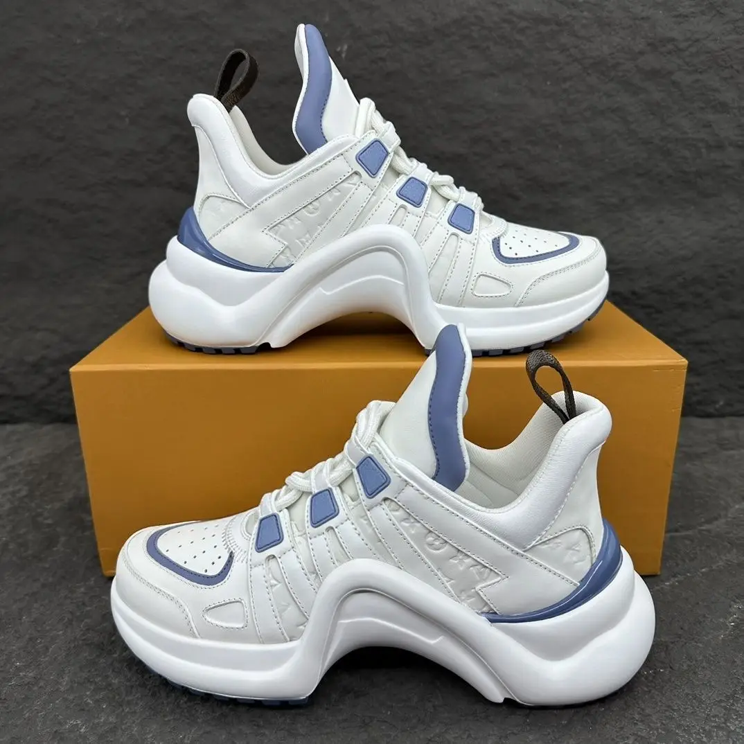 Unisex White Blue Chunky Dad Sneakers Leather Splicing Embossed Upper Curved Thick Platform Sole Lace Up Heightening Non Slip Street Casual Shoes