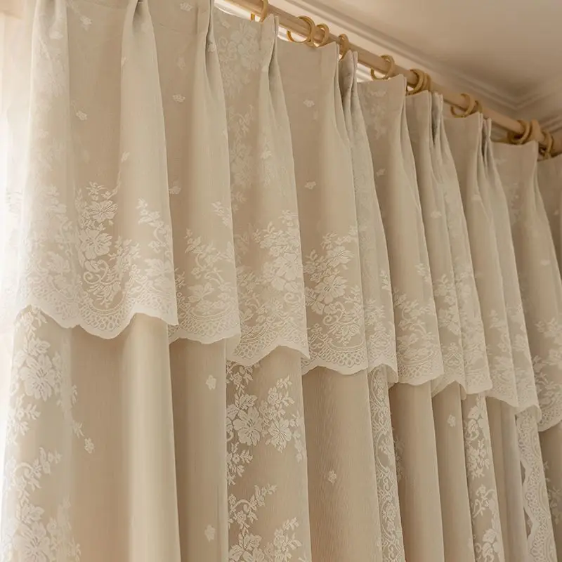 Korean Style Double Layered Rural Curtain Modern Lace Simple Curtain for Living Room Bedroom