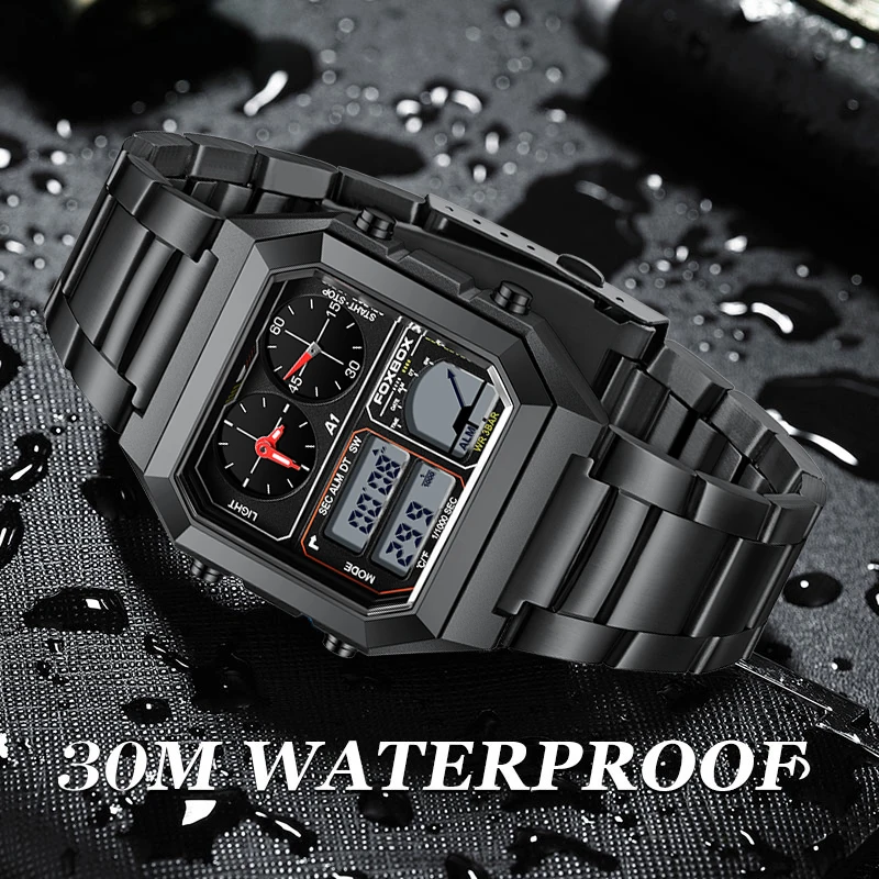 FOXBOX LED men's watch luxury men's steel luminous date quartz watch waterproof watch sports square watches relogios masculino