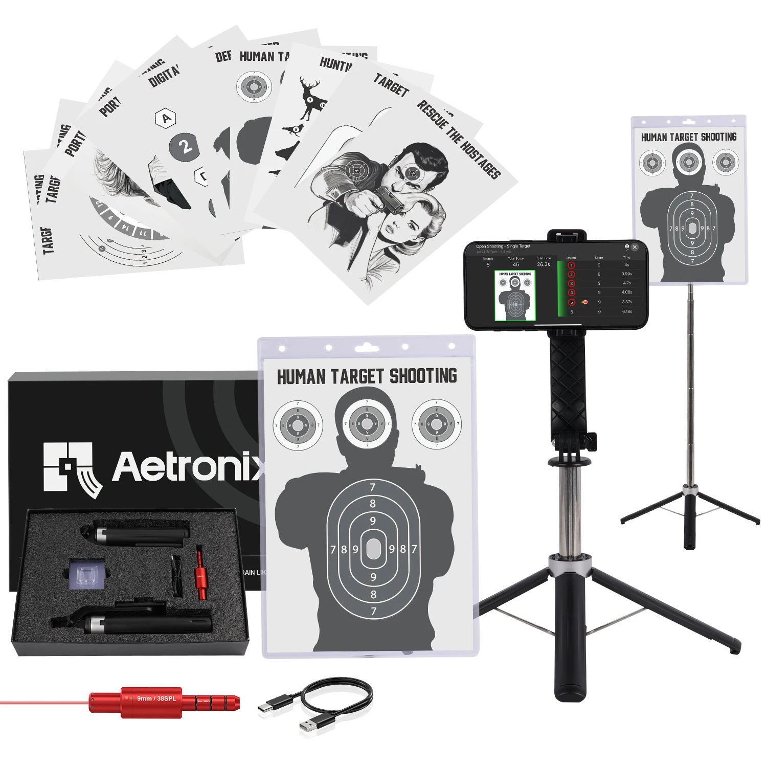 Kit d'entraînement laser double usage 9 mm/.38 SPL, support trépied 1 m + 1,3 m avec cible en papier, retour d'information via l'application.