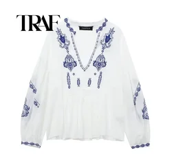 TRAF 2024 Spring Summer Casual Embroidery Women Shirts Fashion Vintage Floral Beading V Neck Pullover Ladies Loose Shirts