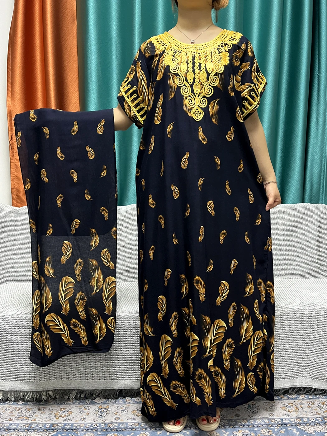 Muslim Abayas For Women 2023 Print Floral Appliques Cotton Loose Fit Femme Robe Traditional African Women Dresses With Headscarf