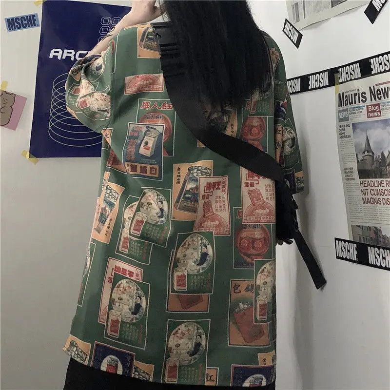 2022 Harajuku Blouses Woman Vintage Streetwear Japanese Style Cool Short Sleeve Oversized Button Up Shirt Alt Clothes Fashion