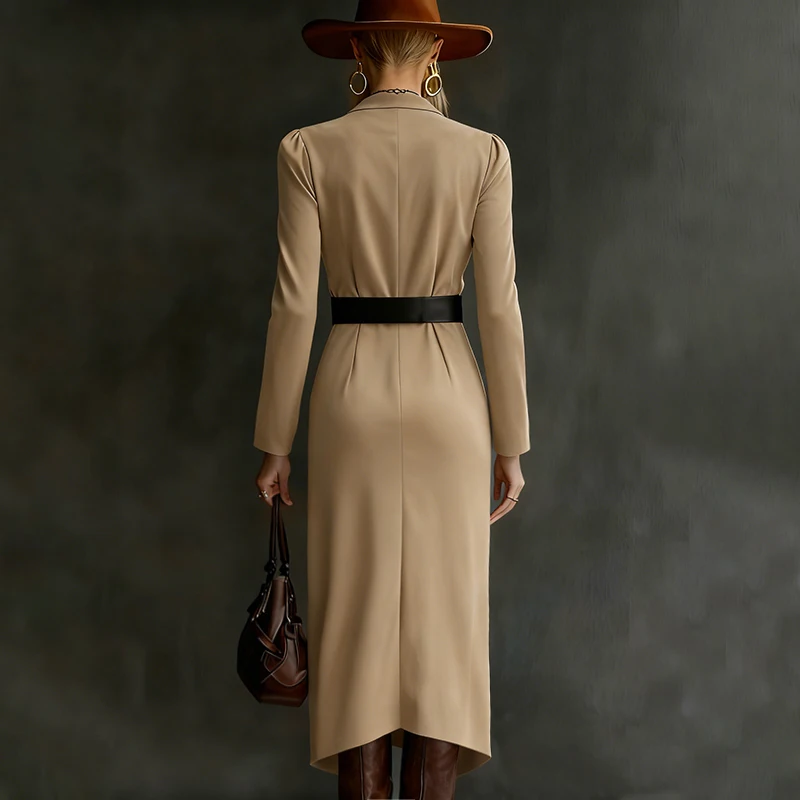 秋冬レディース長袖フェイクスエードVネックドレスセクシーなスリットヘムボディコンウエスタンカウガールマキシドレスストリートウェアベルト付き