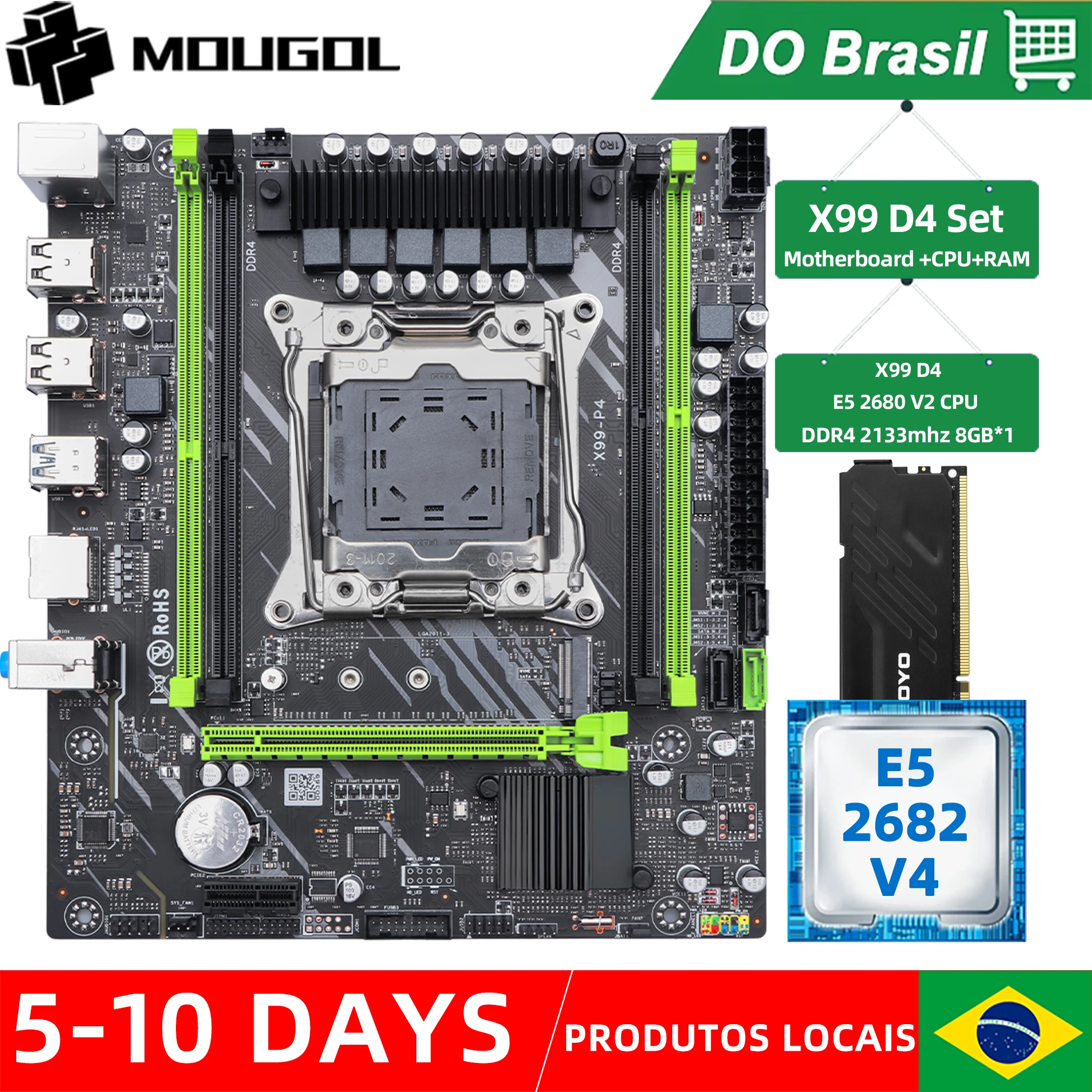 Placa-mãe MOUGOL X99 LGA 2011-3 XEON X99 com Intel E5 2682 V4 e Kit Combo de Memória DDR4 2133MHz 1*8GB (8GB) com M.2 NVMe