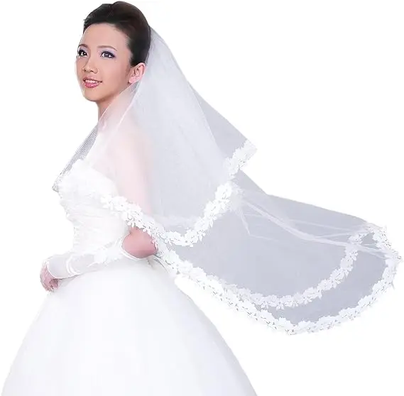 

Lace Wedding Veil 1 Tier Applique Bridal Short Face Veil Flower Edge (No Comb)