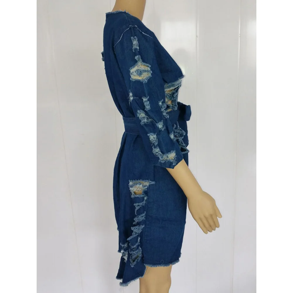 Vestido vaquero elegante, informal, azul, con agujero recortado, corto, estilo pijo de verano, vestidos vaqueros para fiesta en la playa