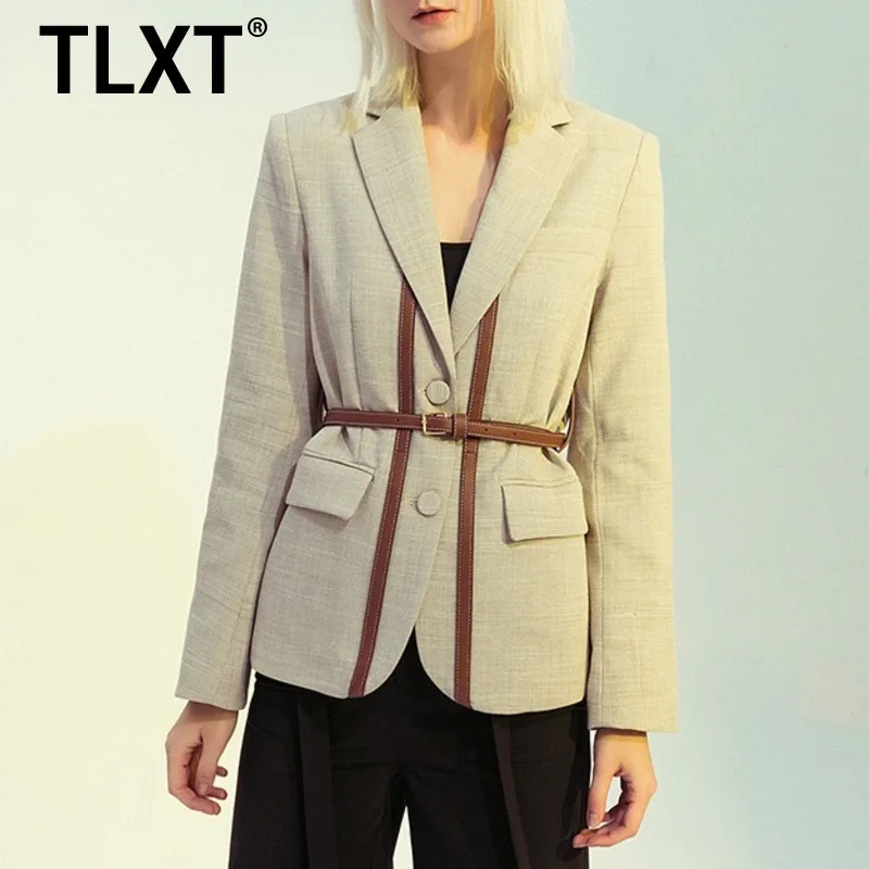 

TLXT женский короткий блейзер из искусственной кожи с поясом, женский новый свободный пиджак с лацканами и длинными рукавами, модная весна-осень 2024, XK917