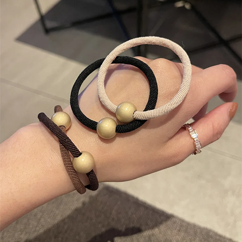 Milk Tea Color Women Metal Ball Hair Rope Handmade Elastic Beaded Ponytail Holders Hair Ties Fashion Girls Hair Accessories