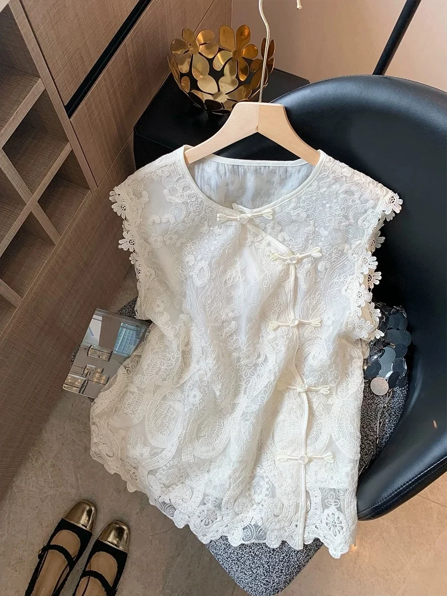 

Новый женский летний жилет без пуговиц в китайском стиле с кружевной вышивкой, высококачественный топ без рукавов в национальном стиле