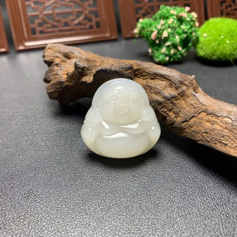 Natural Hetian White , Female Model Jade Pendant, Laughing , Qinghai Material, Big Belly Buddha