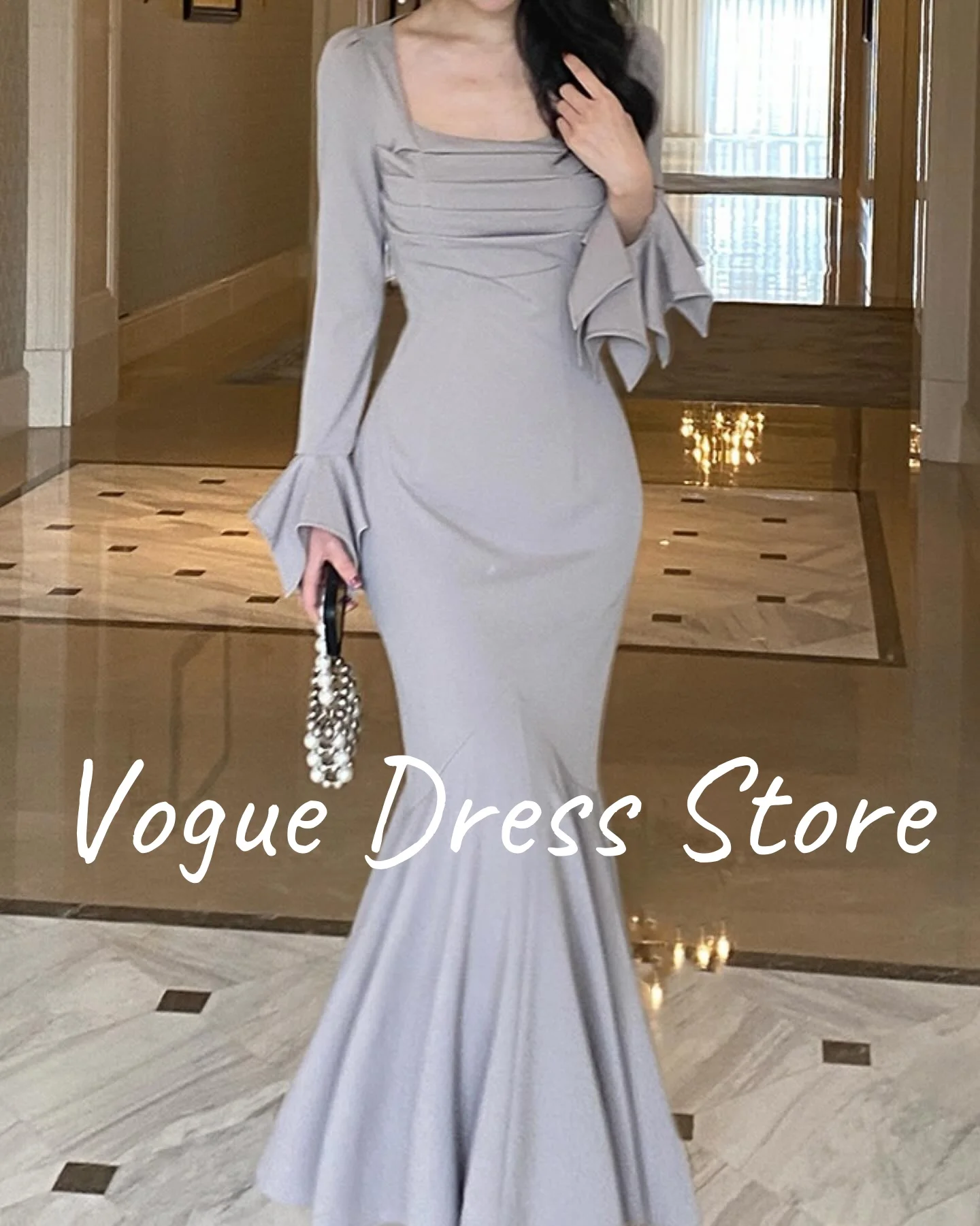 CustomizedvCustomized High Quality Mermaid Jersey Evening Dresses Delicate Long Sleeves Square Neck Prom Dress Custom Size Party