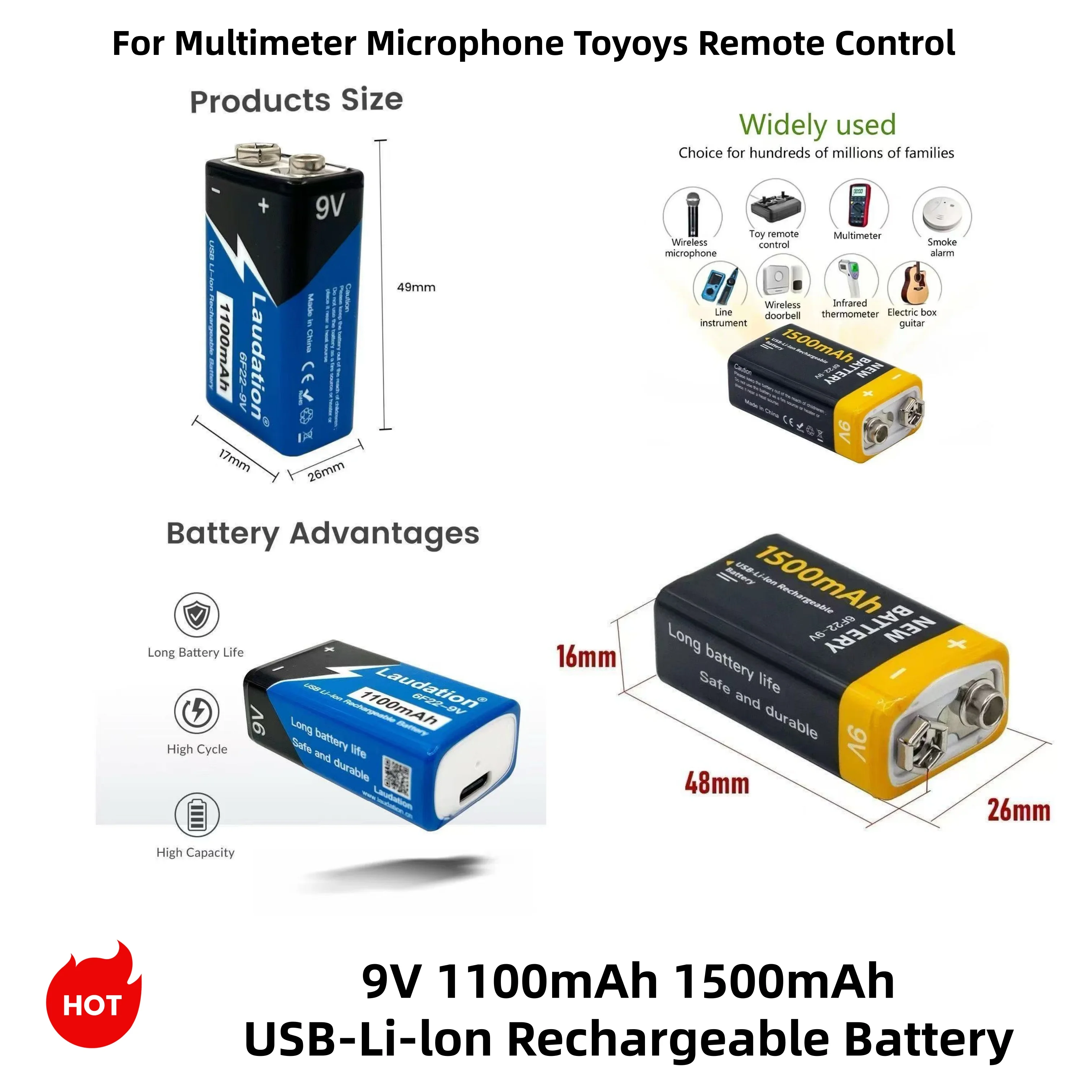 

9V USB Li-ion Rechargeable Battery (1100-1500mAh) - Type-C Port + Charging Cable for Multimeter, Microphone Toys