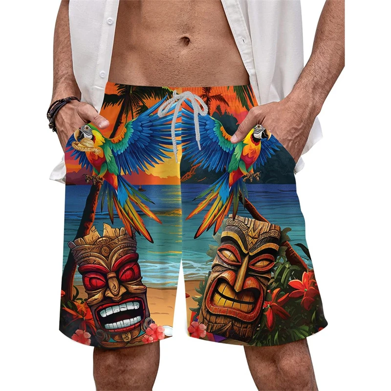 

Vintage Tiki Mask Graphic Beach Shorts For Men Fashion Summer Vacation 3D Printed Hawaiian Short Pants Casual Loose Swim Trunks