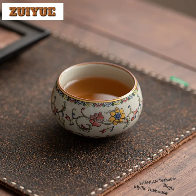 90ml Ru Kiln Interlock Branch Lotus Decoration Teacup Zen Tea Bowl Mug Tea-tasting Smelling Cup Jianzhan Master Cups Collection