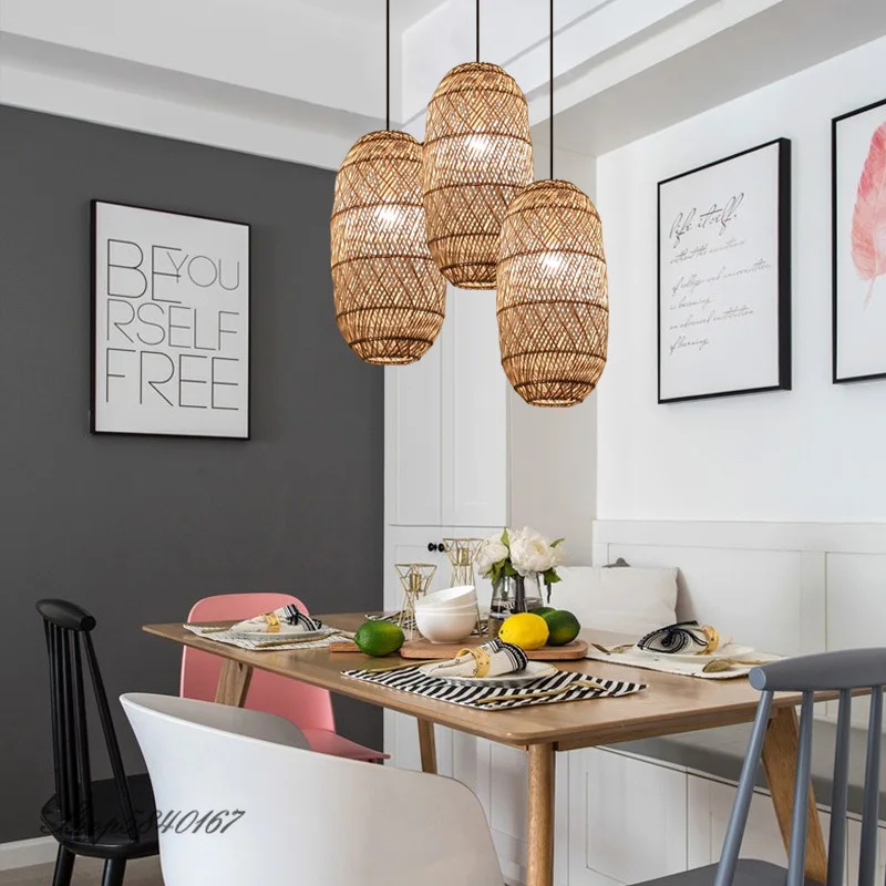 Handmade  Vintage Rattan Lamp Suspension Dining Room Pendant Lights Retro Luminaire For Living Room Restaurant Cafe Hanging Ligh