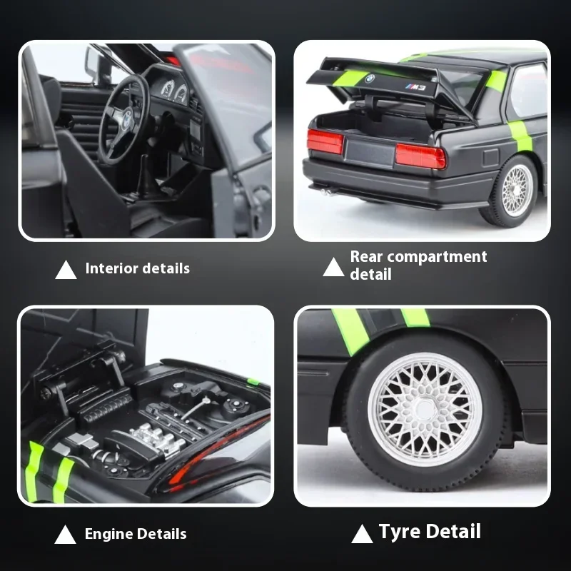 1:24 m3 e30 1988 mpower versão floral liga diecast pintura modelo de carro som e luz colecionáveis privados presentes decorativos