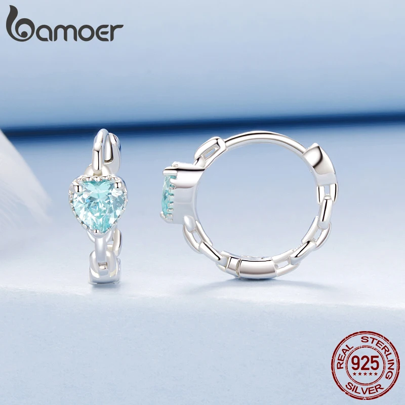 BAMOER 925 Sterling Silver Inlaid Blue CZ Geometric Heart Stud Earrings Light Luxury Mature Glamour Women Jewelry Accessories