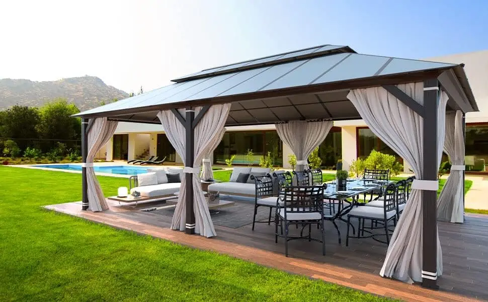 12' x 20' Permanent Hardtop Gazebo, Ventilated Double Roof Aluminum Composite Outdoor Pavilion Pergola Party Tent for Patio, Lawn, Garden, Poolside, with Curtains and Netting Included