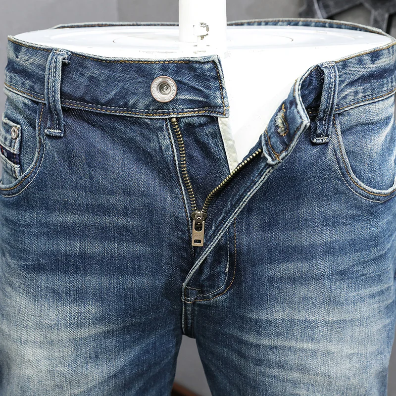 Italian Style Fashion Men Jeans High Quality Retro Blue Stretch Slim Fit Ripped Jeans Men Vintage Designer Denim Pants Hombre