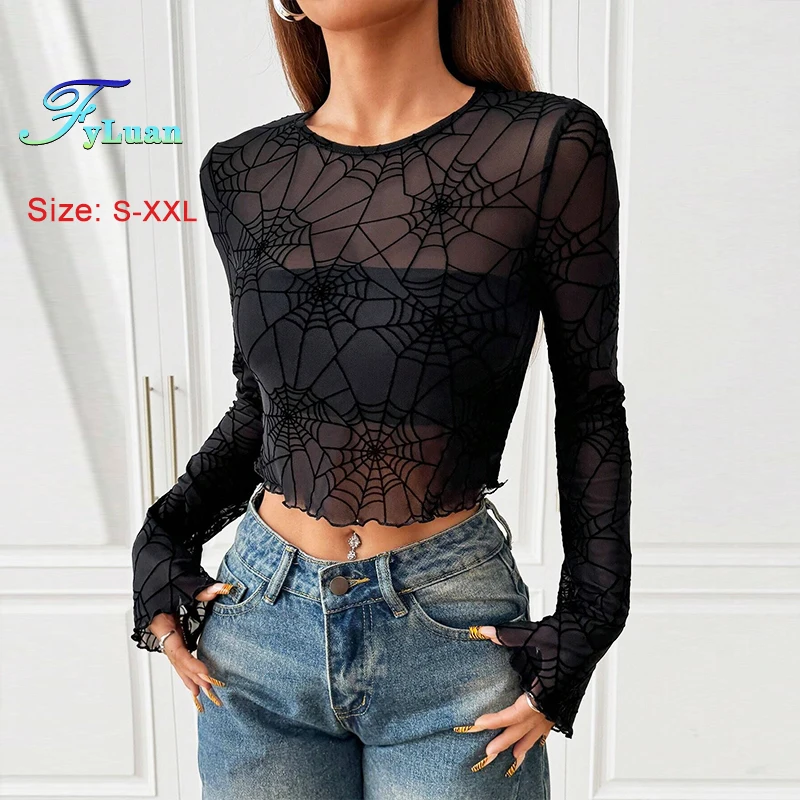 New Women's Long Sleeve T-Shirt Elegant Black See-Through Spider Web Female Top Slim Round Neck Flare Sleeve Base Layer T-Shirt
