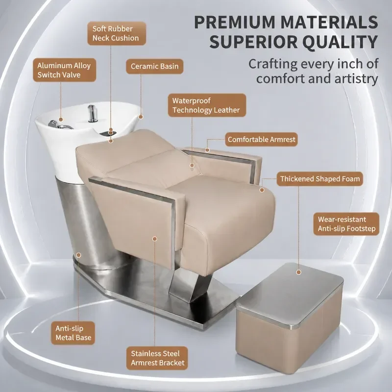 Bojo Stainless Steel Semi Reclining Shampoo Bed with Ceramic Basin for Hair Barber Shop Flush Sink Washing Station