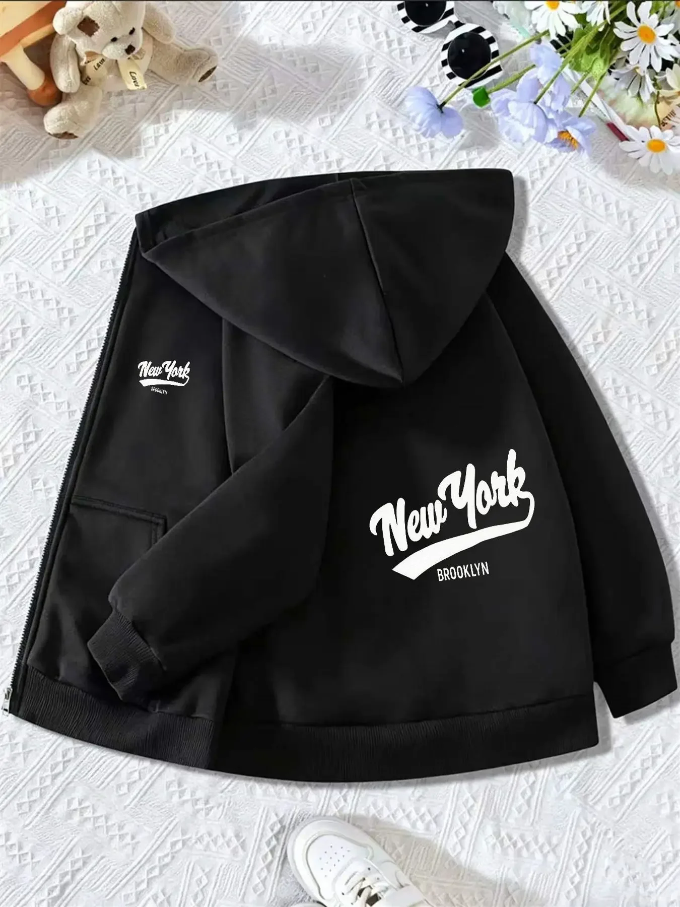 Vintage New York Script Letter Print Kids Hoodie Zip Up Fleece Lined Autumn Winter Children Casual Warm Hooded Sweatshirt