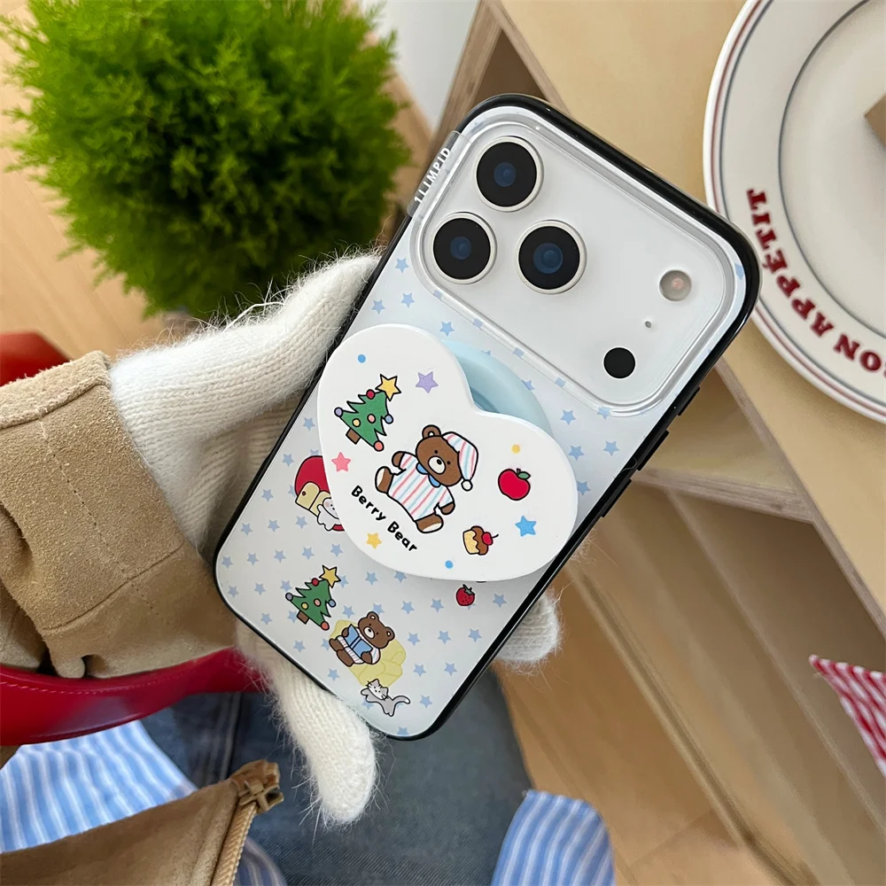 Korean Cute Cherry Bear Magnetic Phone Case for iPhone 17 Pro 14 15 16 Pro Max Cover For Magsafe Stand Cartoon Protective Cases
