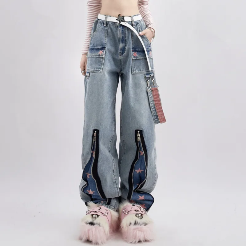 

Y2k Star Print Vintage Ripped High Street Denims Women Summer Retro Wearing Oversized Loose Slim Straight Wide Leg Hip Hop Pants