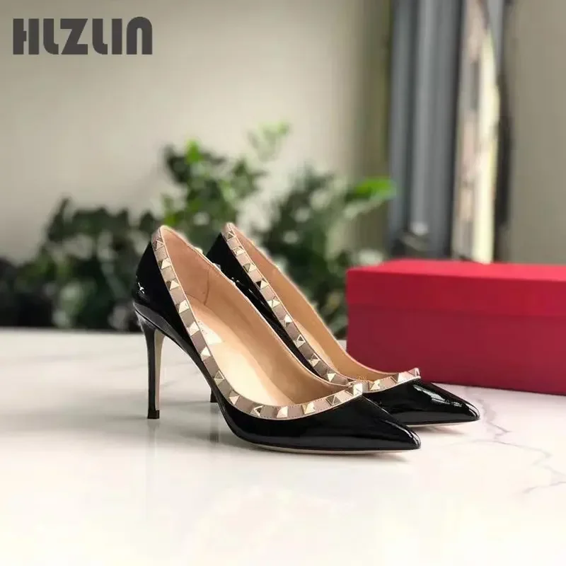 

2024 spring and summer new black riveted pointed high heels sexy thin heels shallow mouth fashion single female wedding shoes